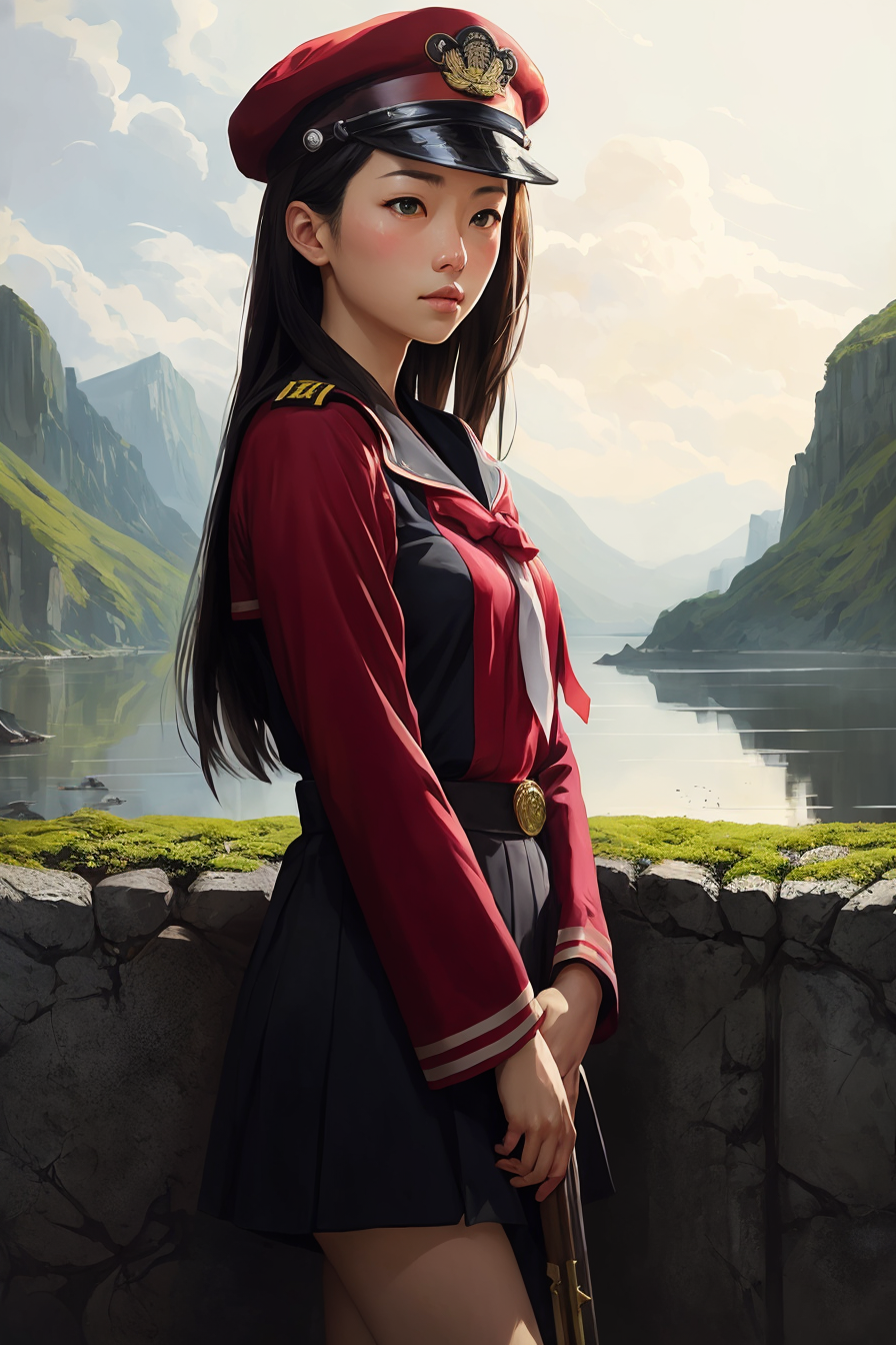 capitals girlwith a sailor red cap, asian, red and black color clothes anime key visual full body portrait character conce...